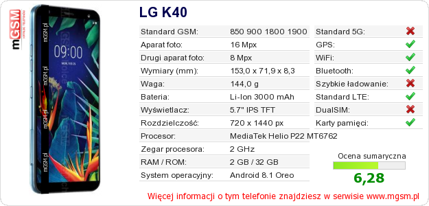 Dane telefonu LG K40
