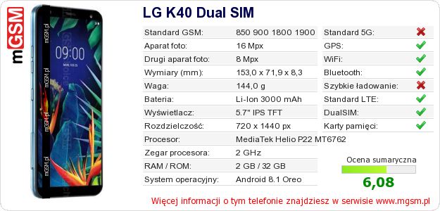 Dane telefonu LG K40 Dual SIM