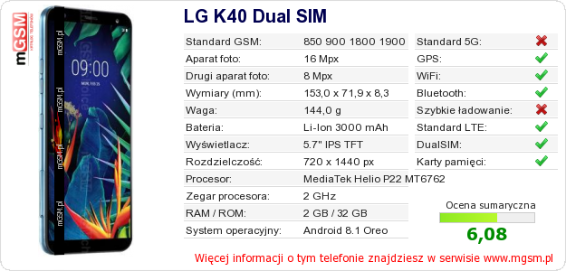 Dane telefonu LG K40 Dual SIM
