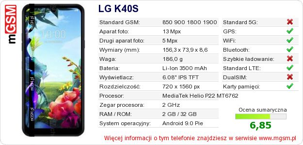 Dane telefonu LG K40S
