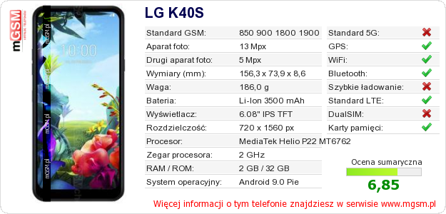 Dane telefonu LG K40S