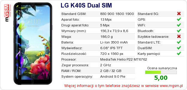 Dane telefonu LG K40S Dual SIM