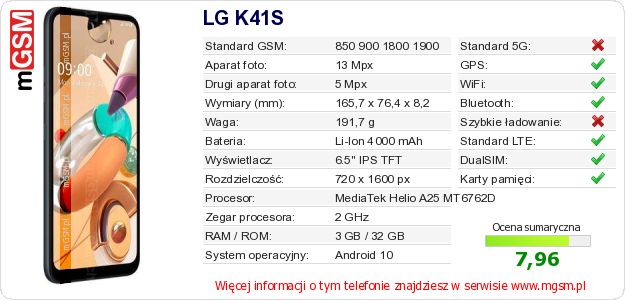 Dane telefonu LG K41S Dane telefonu LG K41S
