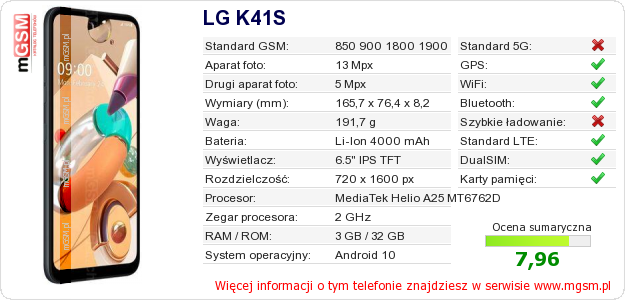 Dane telefonu LG K41S