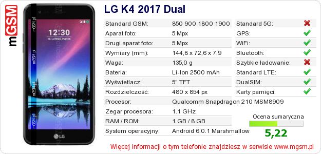 Dane telefonu LG K4 2017 Dual