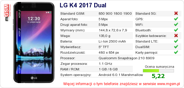 Dane telefonu LG K4 2017 Dual