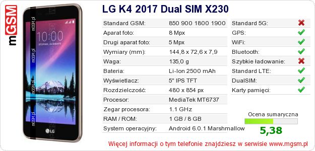 Dane telefonu LG K4 2017 Dual SIM X230