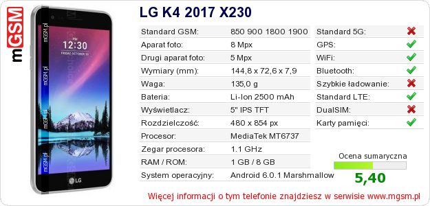 Dane telefonu LG K4 2017 X230