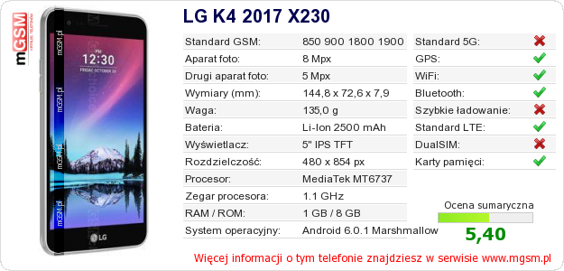 Dane telefonu LG K4 2017 X230 Dane telefonu LG K4 2017 X230