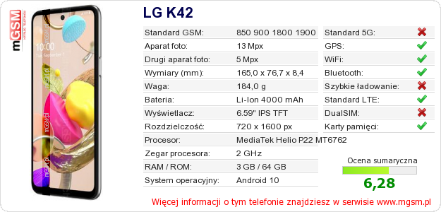 Dane telefonu LG K42