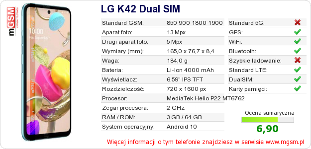 Dane telefonu LG K42 Dual SIM Dane telefonu LG K42 Dual SIM