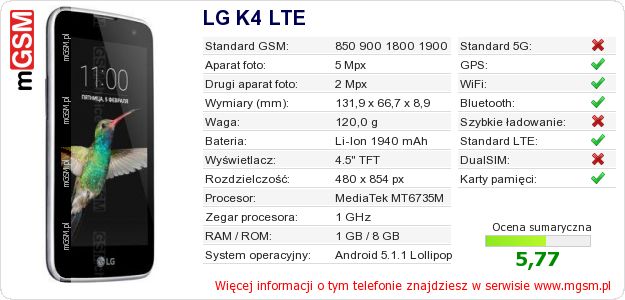Dane telefonu LG K4 LTE