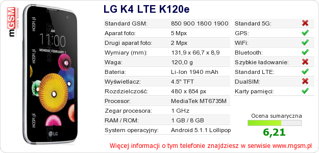 Dane telefonu LG K4 LTE K120e