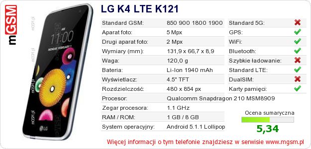 Dane telefonu LG K4 LTE K121