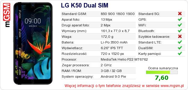 Dane telefonu LG K50 Dual SIM Dane telefonu LG K50 Dual SIM