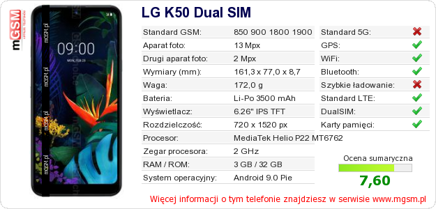 Dane telefonu LG K50 Dual SIM