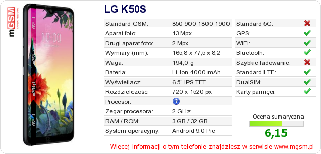 Dane telefonu LG K50S