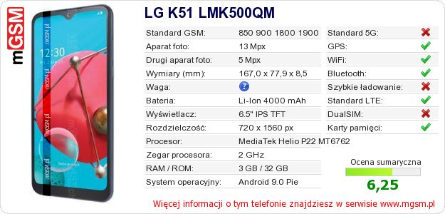 Dane telefonu LG K51 LMK500QM