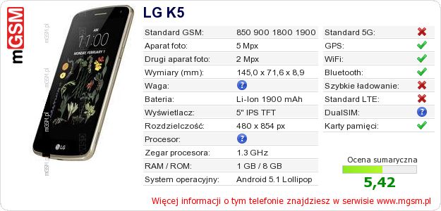 Dane telefonu LG K5