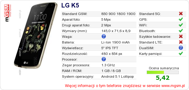 Dane telefonu LG K5