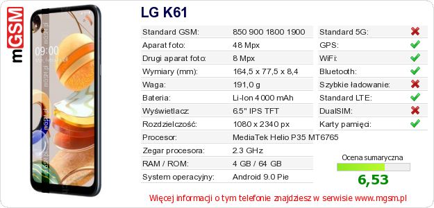 Dane telefonu LG K61 Dane telefonu LG K61