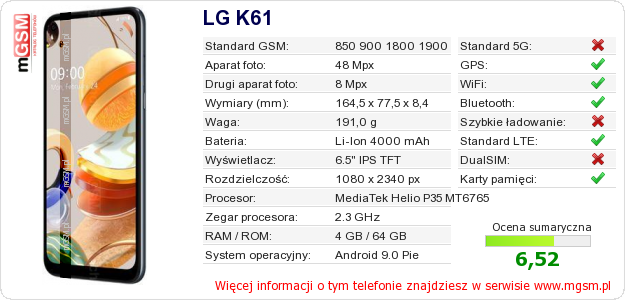 Dane telefonu LG K61