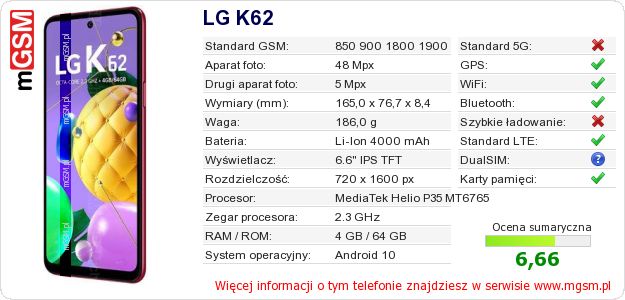 Dane telefonu LG K62