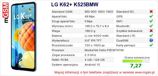 Dane telefonu LG K62+ K525BMW Dane telefonu LG K62+ K525BMW