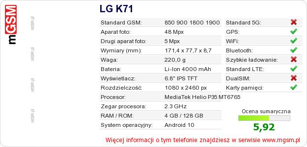 Dane telefonu LG K71 Dane telefonu LG K71