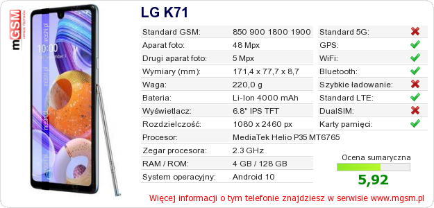 Dane telefonu LG K71
