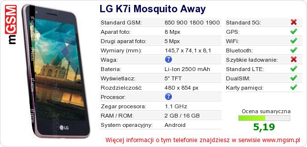 Dane telefonu LG K7i Mosquito Away