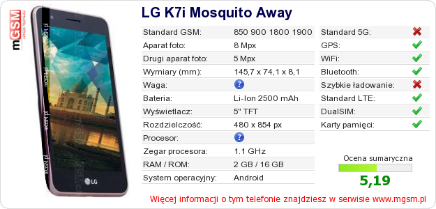 Dane telefonu LG K7i Mosquito Away