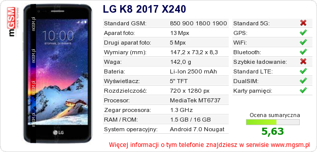 Dane telefonu LG K8 2017 X240