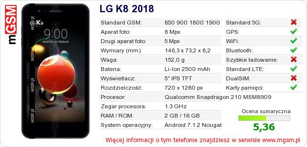 Dane telefonu LG K8 2018
