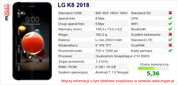 Dane telefonu LG K8 2018