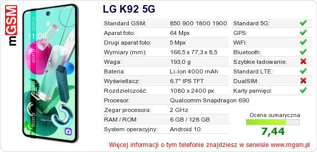 Dane telefonu LG K92 5G