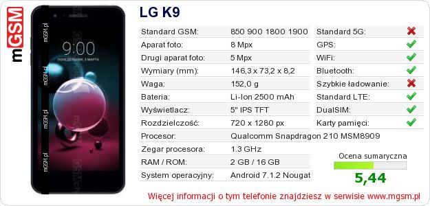 Dane telefonu LG K9
