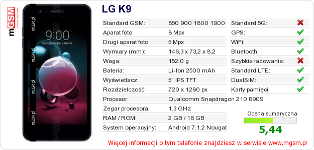 Dane telefonu LG K9