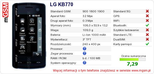 Dane telefonu LG KB770 Dane telefonu LG KB770