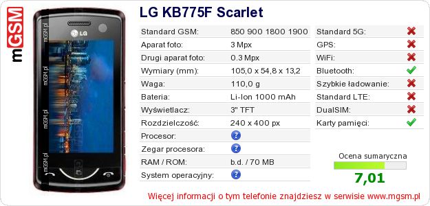 Dane telefonu LG KB775F Scarlet Dane telefonu LG KB775F Scarlet