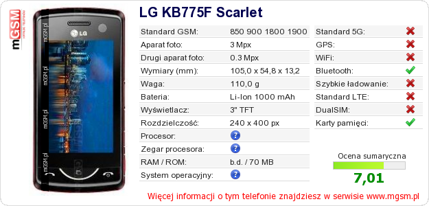 Dane telefonu LG KB775F Scarlet