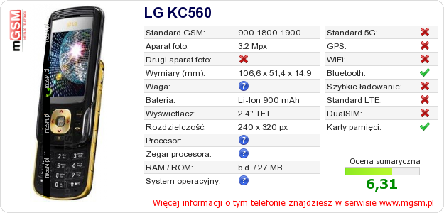 Dane telefonu LG KC560 Dane telefonu LG KC560