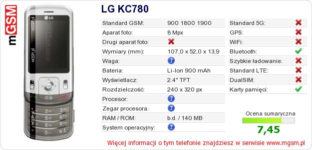 Dane telefonu LG KC780 Dane telefonu LG KC780