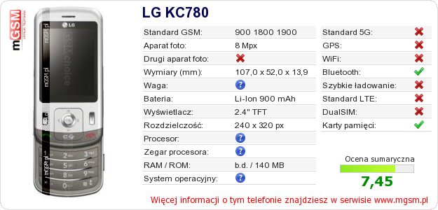 Dane telefonu LG KC780 Dane telefonu LG KC780