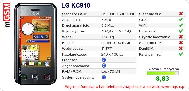 Dane telefonu LG KC910 Dane telefonu LG KC910