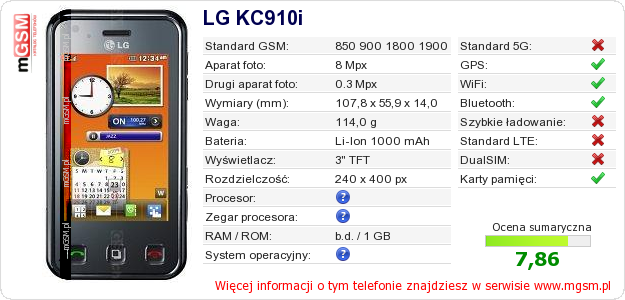 Dane telefonu LG KC910i