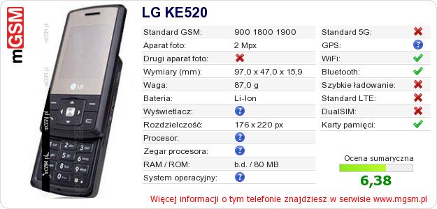Dane telefonu LG KE520 Dane telefonu LG KE520