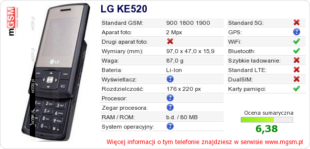 Dane telefonu LG KE520 Dane telefonu LG KE520
