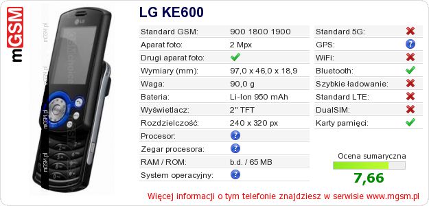 Dane telefonu LG KE600