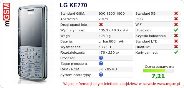 Dane telefonu LG KE770 Dane telefonu LG KE770